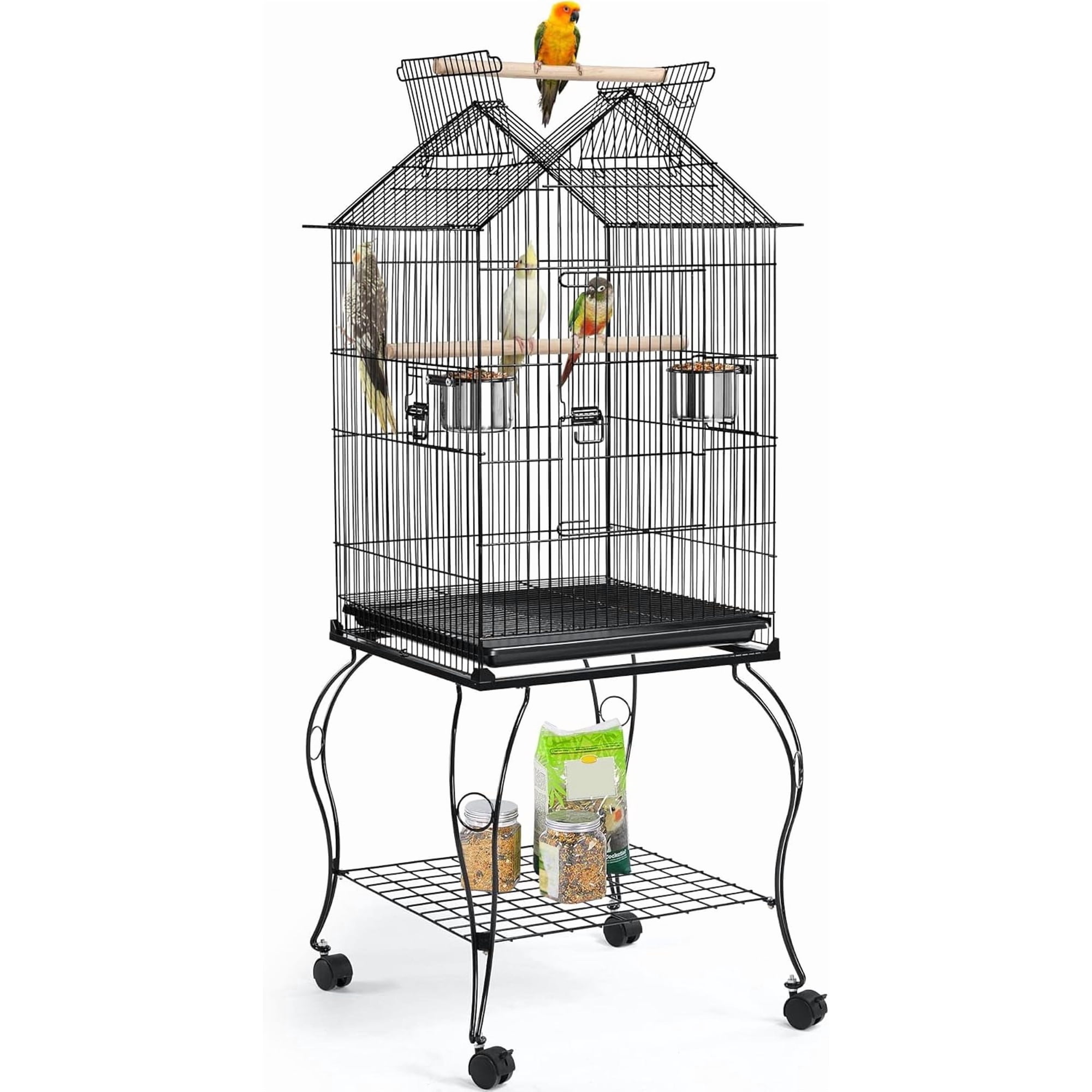 57" Open Top Bird Cage w/ Rolling Stand & Storage Shelf, Parrot Cage for Cockatiels, Quakers, Conures, Caiques & Small/Medium Parrots