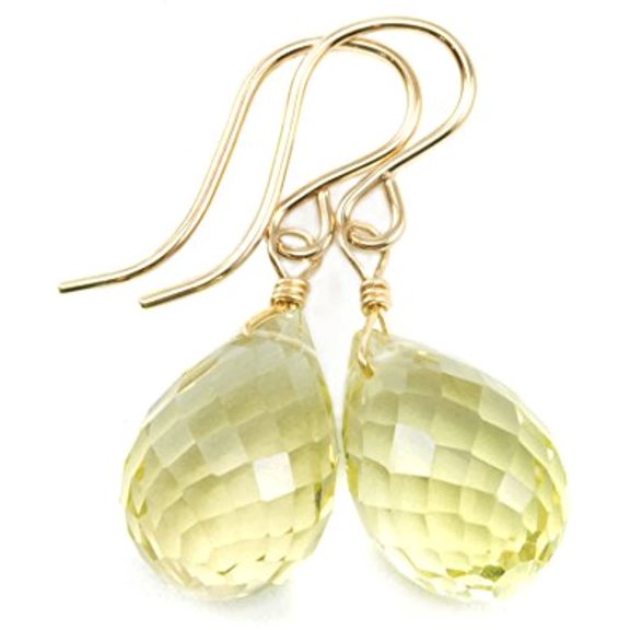 14k Gold Filled Lemon Yellow Quartz Earrings Faceted Rounded Briolette Teardrops Dangle Style Designed for Adult Women