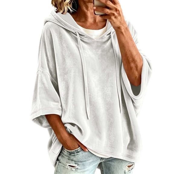 Lenpel Womens Hooded Shirts Fall Velvet 3/4 Sleeve Solid Color Pullover Tops Oversized Casual Trendy Drawstring Tops Fall Clothes(White,X-Large)