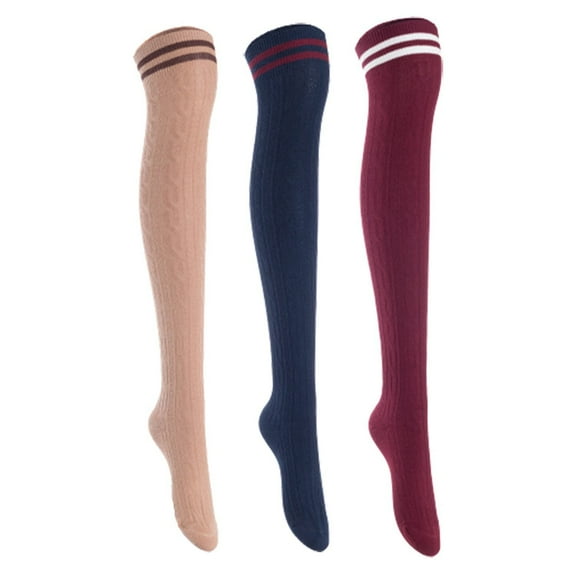 Lian Lifestyle Women's 3 Pairs Incredible Durable Super Soft Unique Over Knee High Thigh High Cotton Socks, Size US 6-9, JMYP1023 Khaki,Navy,Wine