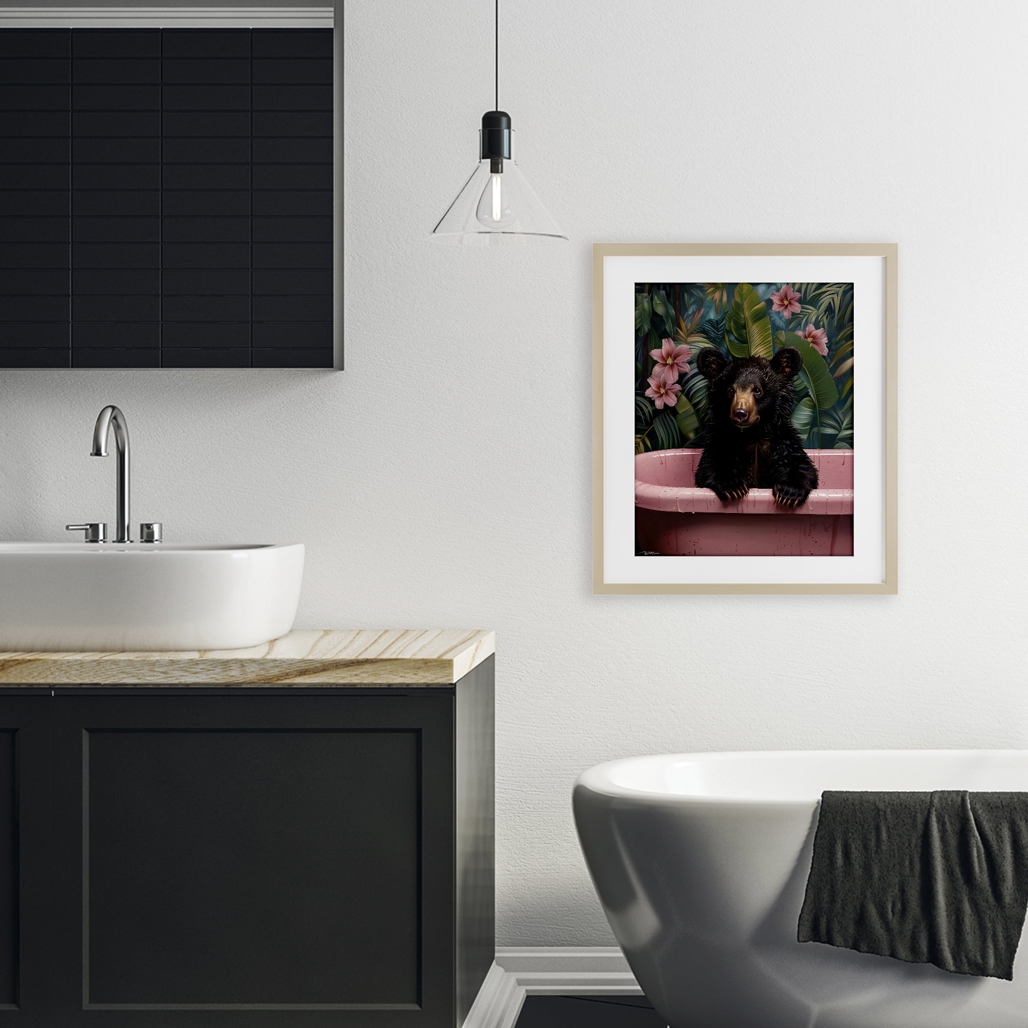 Bruno Bear in Pink Tub Birch Framed Print Under Glass, design by Momart