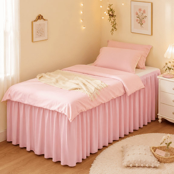 W Dorm Bed Skirt Twin XL 32 Inch Drop Extra Long Bedskirt Easy to Put On Elastic Wrap Around Dust Ruffle Microfiber Fabric Machine Washable Pink, Bed Decor