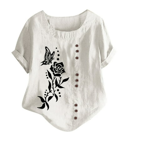 

Linen Shirts for Women Summer Plus Size Short Sleeve Round Neck Casual Blouse Dandelions Flower Print Buttons Tops