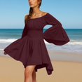 thumbnail image 6 of Women Above Knee Dress Long Flared Sleeve Off Shoulder Strapless Solid Color Smocked Waist Dress(WineM), 6 of 6
