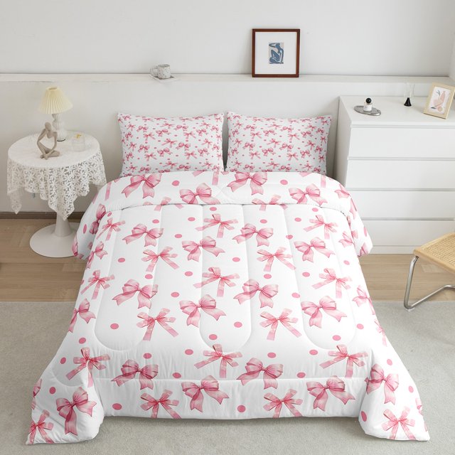 Erosebridal Princess Bowknot Bedding Sets Queen with Comforter, Pink Ribbon Duvet Insert, Cartoon Theme Decor, Reversible 3pcs