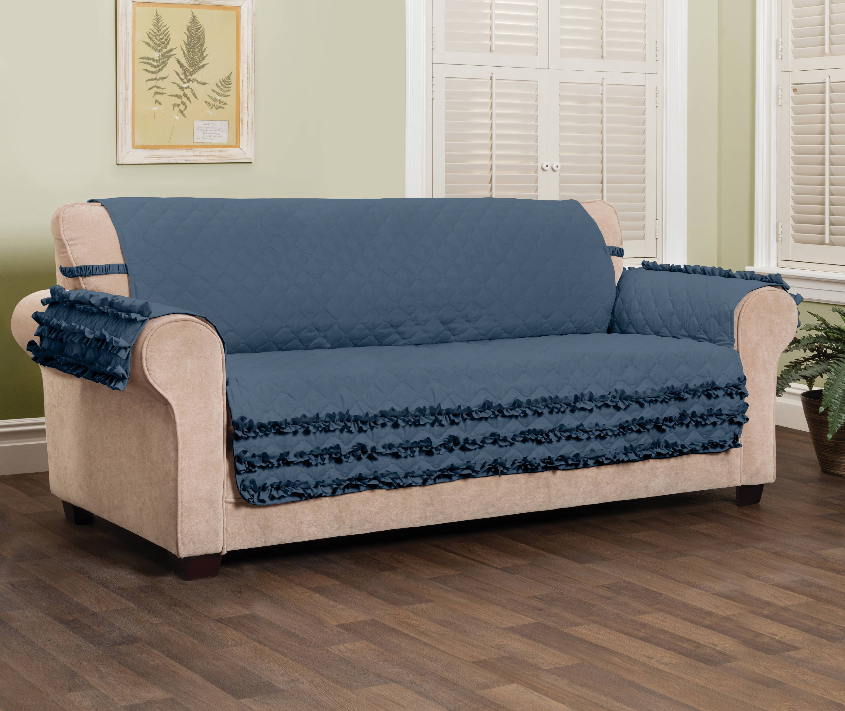Innovative Textile Solutions 1-Piece Claremont Ruffled XL Sofa Furniture Cover, Slate Blue