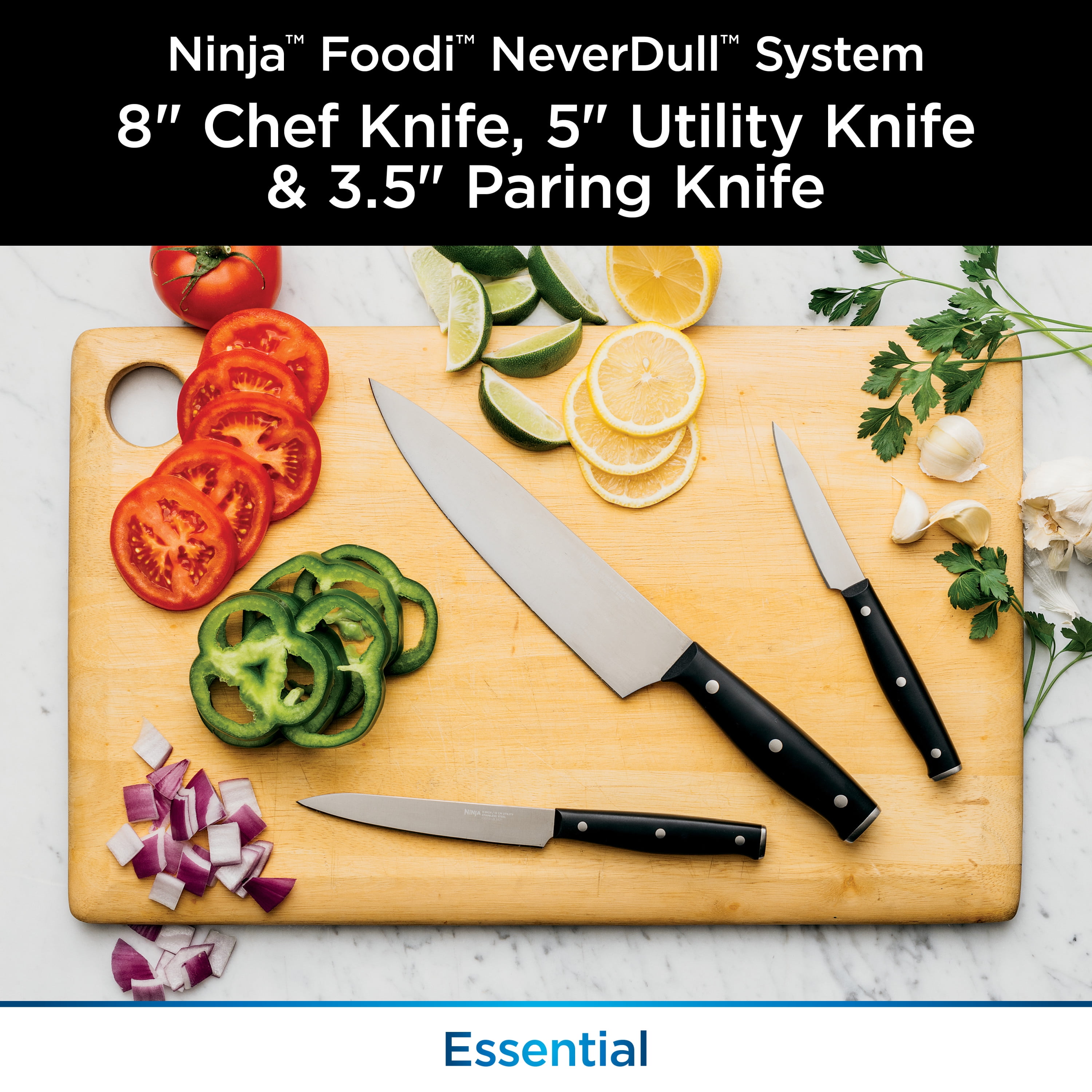 Ninja Foodi Never Dull Essential 3-Piece Set with Chef, Utility & Paring  Knives, Stainless Steel K12003 