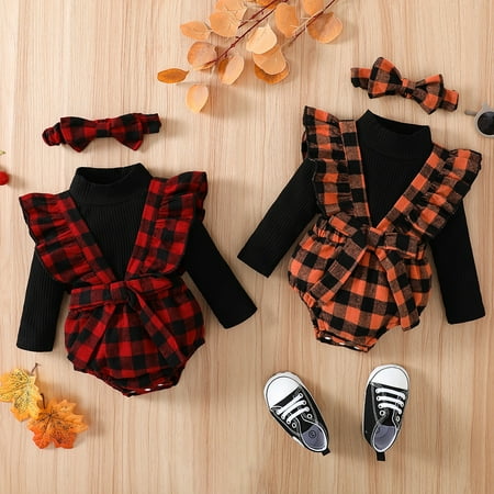 

Synpos 0-18M Newborn baby Girl Outfit Clothes Infant Rib Long Sleeve Romper+Cotton Grid Ruffl Suspender Pant+Headband 3PCS Jumpsuit Set.
