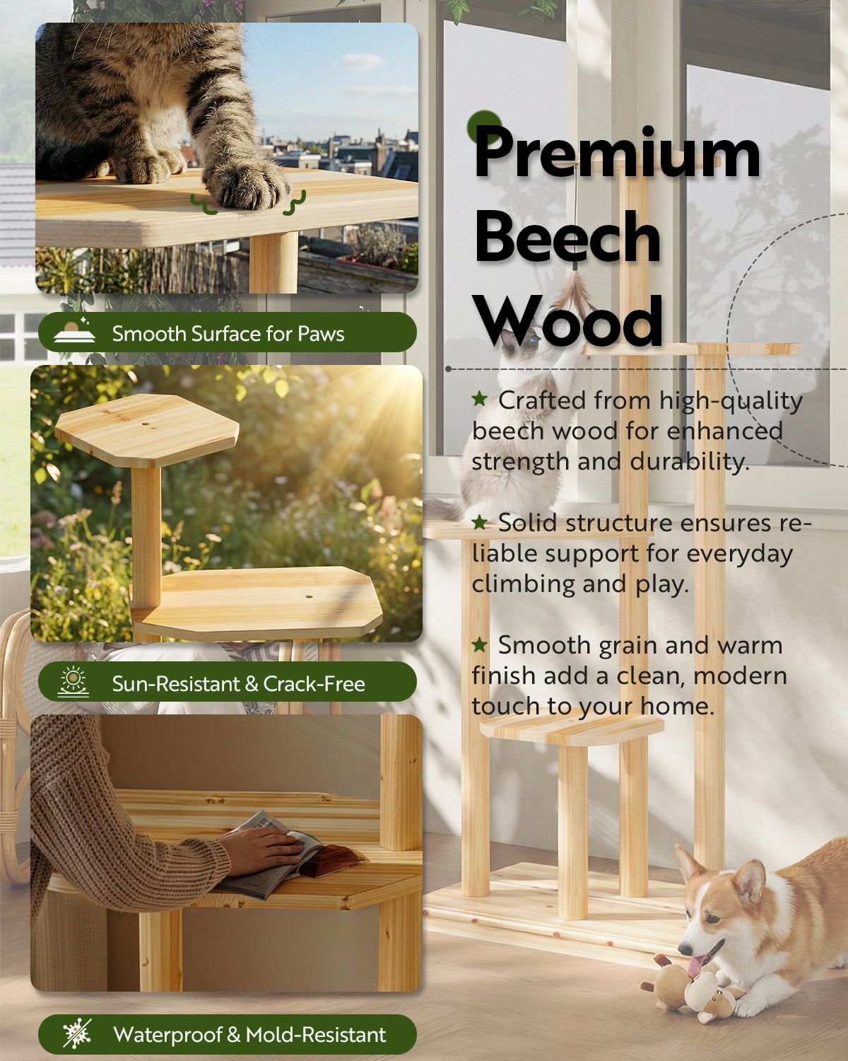 LAZZO 4-Tier Wooden Cat Tree, Multi-Level Cat Tower for Climbing, Resting & Scratching, Natural Wood