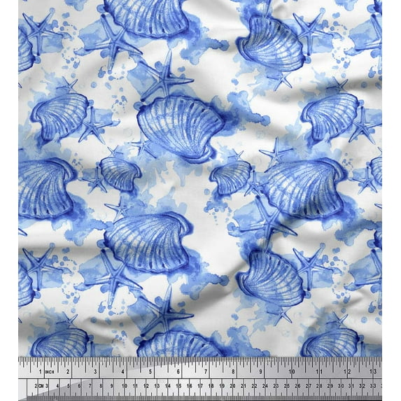 Soimoi Blue Modal Satin Fabric Shell & Starfish Ocean Printed Fabric 1 Yard 42 Inch Wide