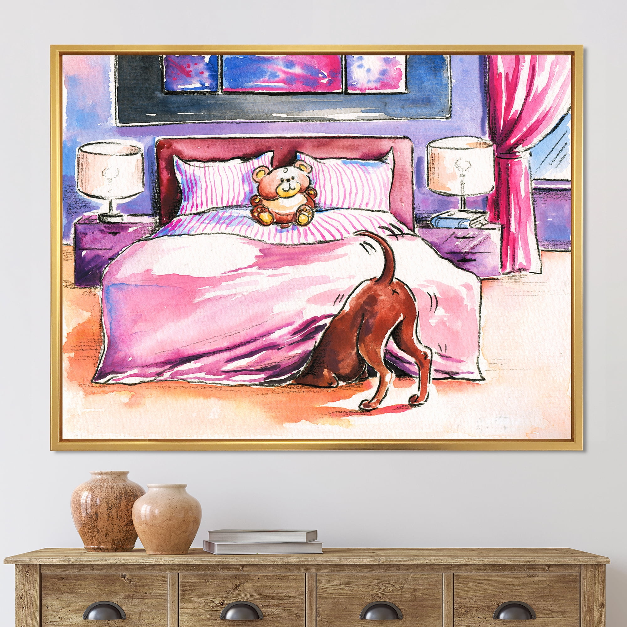 Designart 'Brown Dog Looking Under the Bed and Teddy Bear' Farmhouse Framed Canvas Wall Art Print