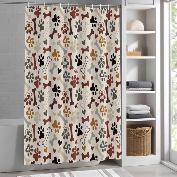 Paw Print Shower Curtain for Bathroom, Dog Bones Fabric Shower Curtain Set with Hooks, Waterproof Washable Bath Curtain for Bathroom Decor, 54x"78"