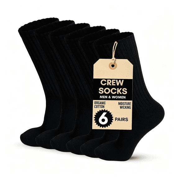 TELOLY Athletic Crew Socks for Men & Women – 78% Organic Cotton, Cushioned Sole, Arch Support, Moisture Wicking (6 Pairs) Organic Cotton Socks