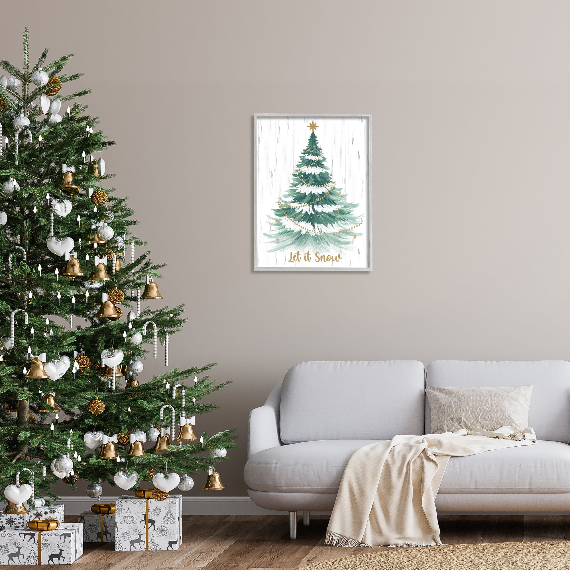 Stupell Industries Let it Snow Rustic Tree Holiday Painting Gray Framed Art Print Wall Art, 24 x 30