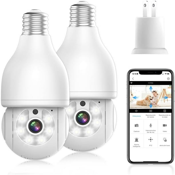 | Q17 Foco con Camara de Seguridad WiFi, 2MP Camara de Foco, iCSee O Tris Home App, Base E27, Visión Nocturna, Audio Bidireccional, Detección de Movimiento con Alerta, Compatible con,2PCS