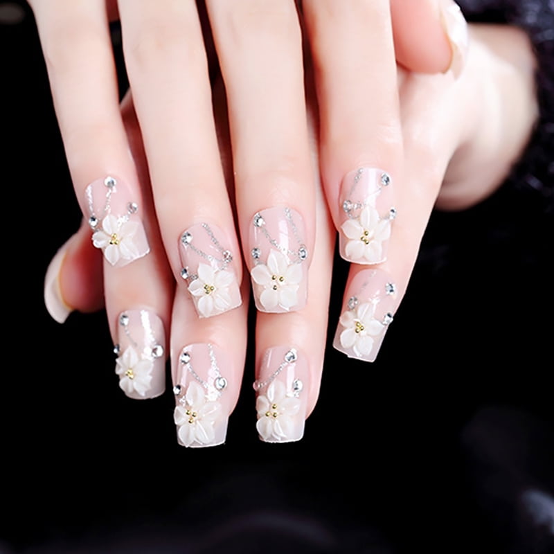 24Pcs Natural Fake Nails White French Nails 3D Flower Pearl Chain Nail Art  Plastic Nails Manicure Product - Walmart.Com