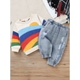 thumbnail image 2 of Cenuakty Toddler Baby Casual Pants Outfits, Long Sleeve Rainbow Printed Crew Neck Pullover + Solid Color Ripped Hole Long Pants Set, 2 of 9
