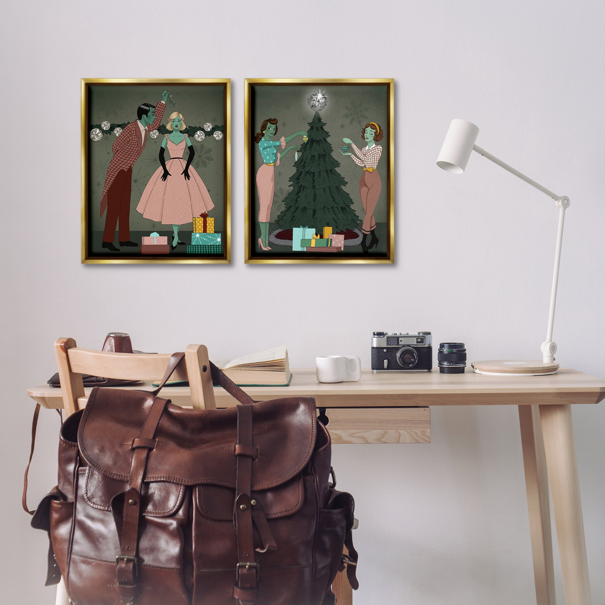 Stupell Industries Modern Festive Holiday Decorating Holiday Painting Gold Floater Framed Canvas Art Print Wall Art, 17 x 21, Set of 2