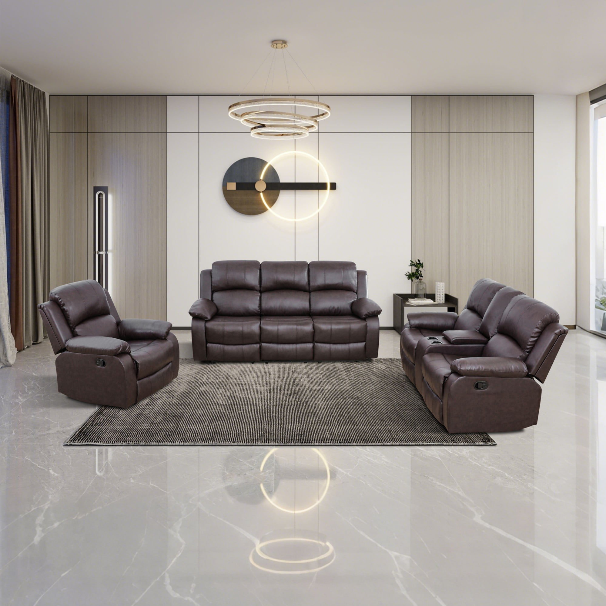 Gewnee Brown 3-Piece Living Room Air Leather Recliner Sofa Set with Console & Cup Holders