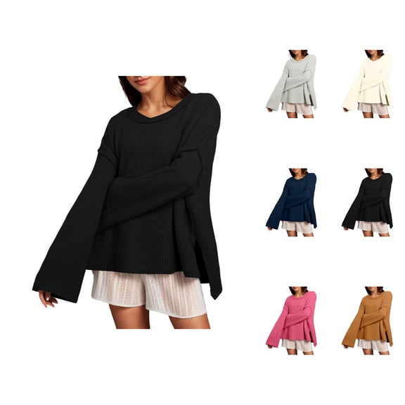 Women Sweaters, Crew Neck Sweaters for Women, Loose Solid Color Pullover, Flared Design for Casual Comfort