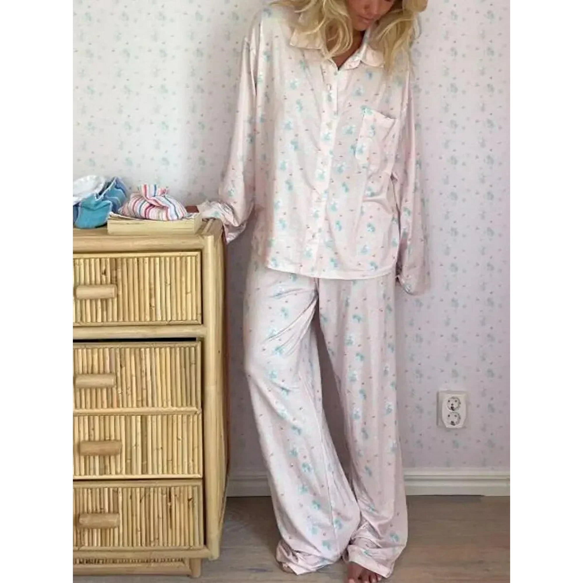 Dingwu Shirt Outfits Fruit Strawberry For Printed Up Button Piece Pajama Loungewear Women Floral Sleepwear 2 Cute Pattern Set Pants Yellow