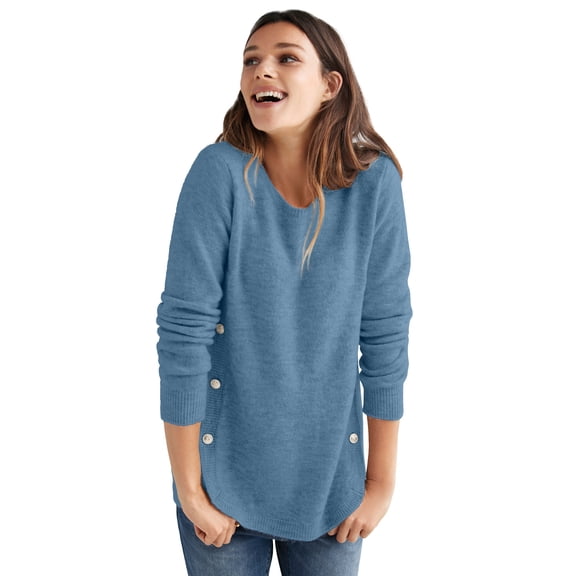 Ellos Plus Size Stretch Scoop Neck Curved Hem With Buttons Pullover Sweater