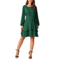 thumbnail image 2 of Vestidos de Otoño para Mujeres INSPIRE CHIC con Cuello Redondo, Manga Larga, Cintura con Cinta, Volantes, Vestido Corto Estilo Skater en Verde Oscuro, 2 of 5