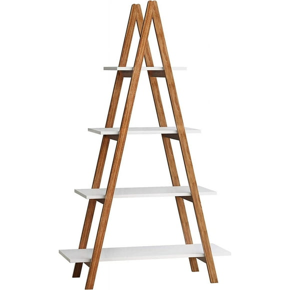 White Bamboo Wood Ladder Shelf Bookcase,Multi-Tiered Design Over Any Wall, Small Space Saver