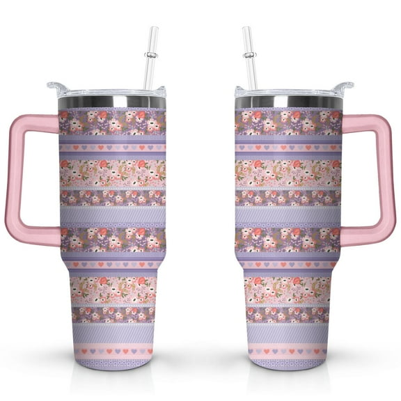40oz Boho Patchwork Tumbler with Handle Lid and Straw,Bohemian Style Colorful Floral Tumblers Gifts for Women Girls Men Adults(Pink)