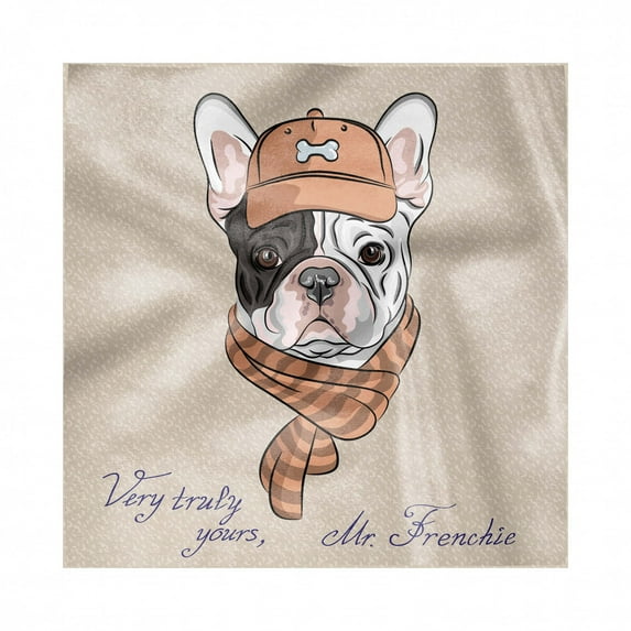Dog Decorative Napkins Set of 4, Cartoon Bulldog with Cap and Scarf French Fashion Style Hipster Dog Lovers Print, Silky Satin Fabric for Brunch Dinner Party, 18", Tan and Brown, by Ambesonne