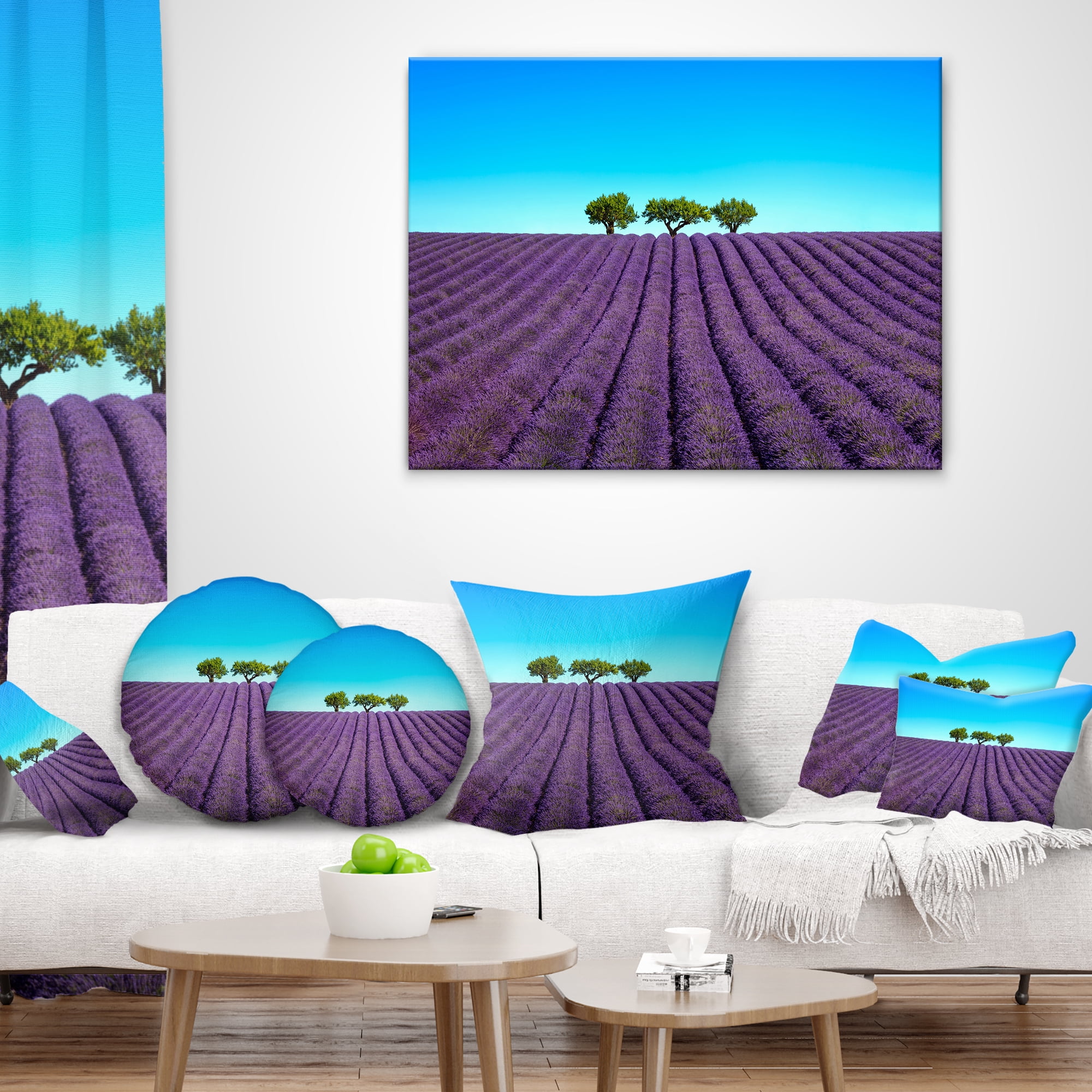 Designart Lavender Flowers and Uphill Green Trees - Landscape Wall Throw Pillow - 16x16
