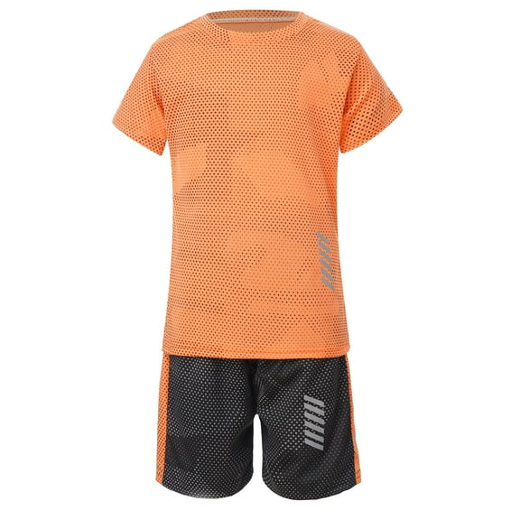 Yruioon Kids Boys Sport Suit Short Sleeve T-Shirt and Shorts Workout Set Football Basketball Training Orange 140