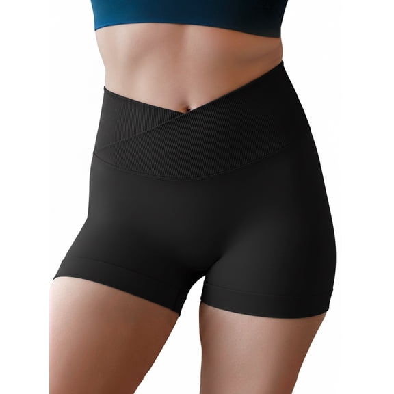 Nimiah Workout Shorts for Women Cross Waist Active Gym Spandex High Waisted Athletic Shorts, Black