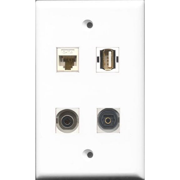 RiteAV 1 Port USB A-A and 1 Port Toslink and 1 Port 3.5mm and 1 Port Cat6 Ethernet White Wall Plate