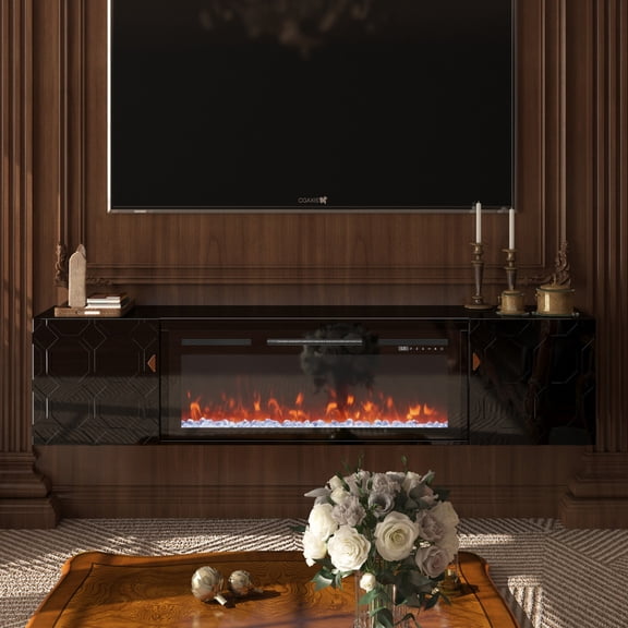 Newboti Furniture 67 in. Black Media TV Stand in High Gloss Paint MDF(not include electric fireplace) BN.3735