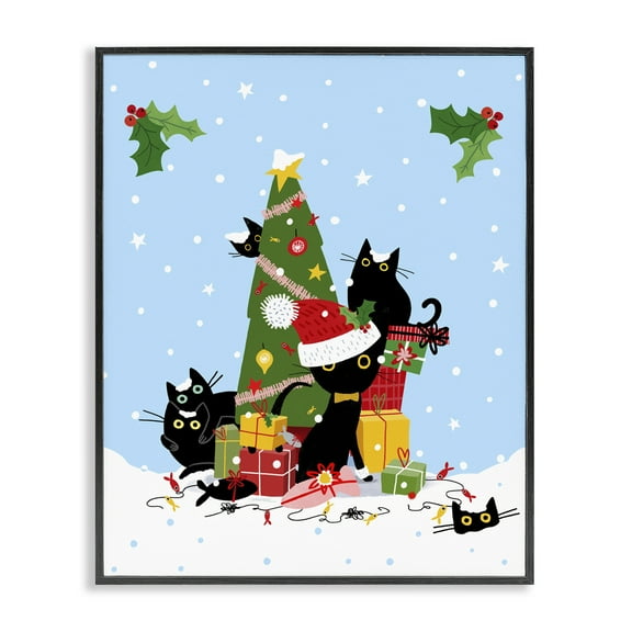Stupell Industries Silly Cats in Christmas Tree Holiday Painting Black Framed Art Prints Wall Art, 11 x 14