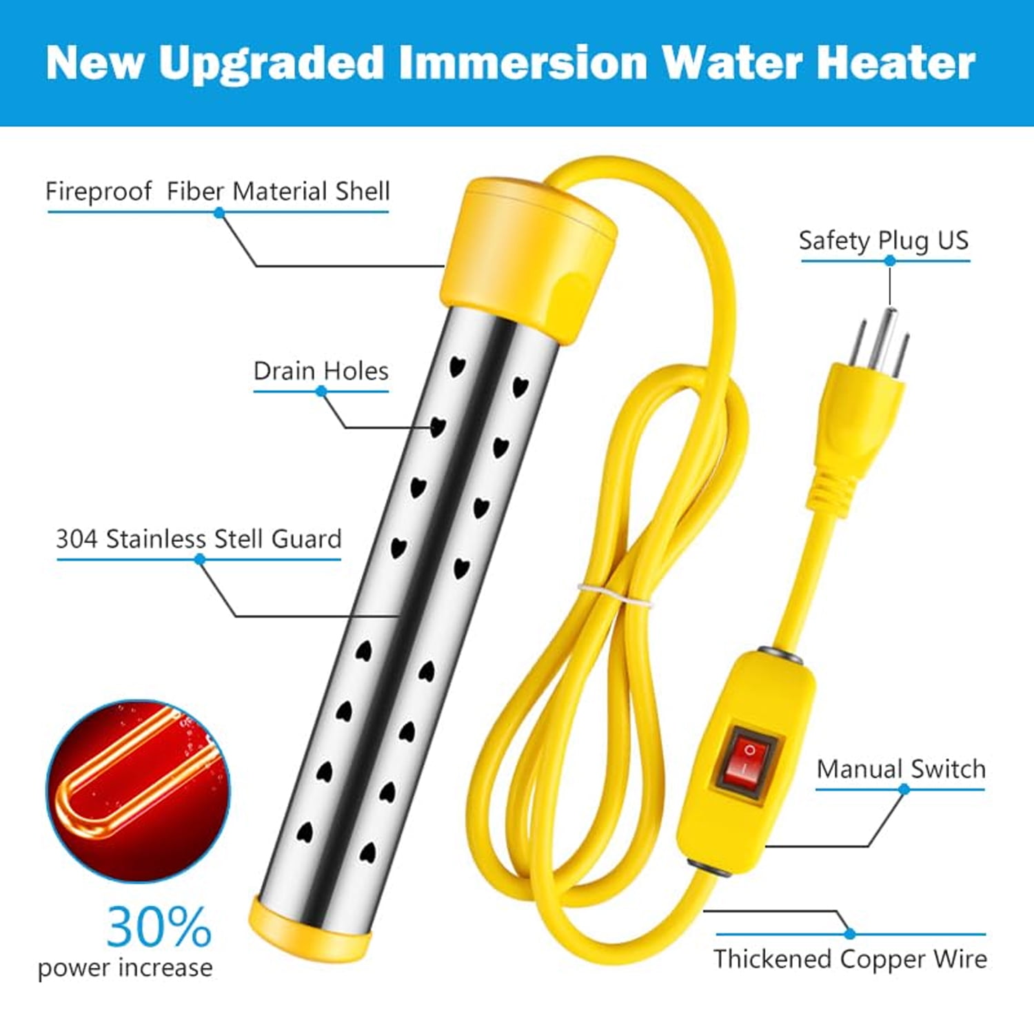 Immersion Water Heater, Portable Bucket Heater with Switch + Temperature Control, 304 Stainless Steel Anti-scalding, Submersible Water Heater Bathtub Heats up to 5 gallons of Water in Minutes