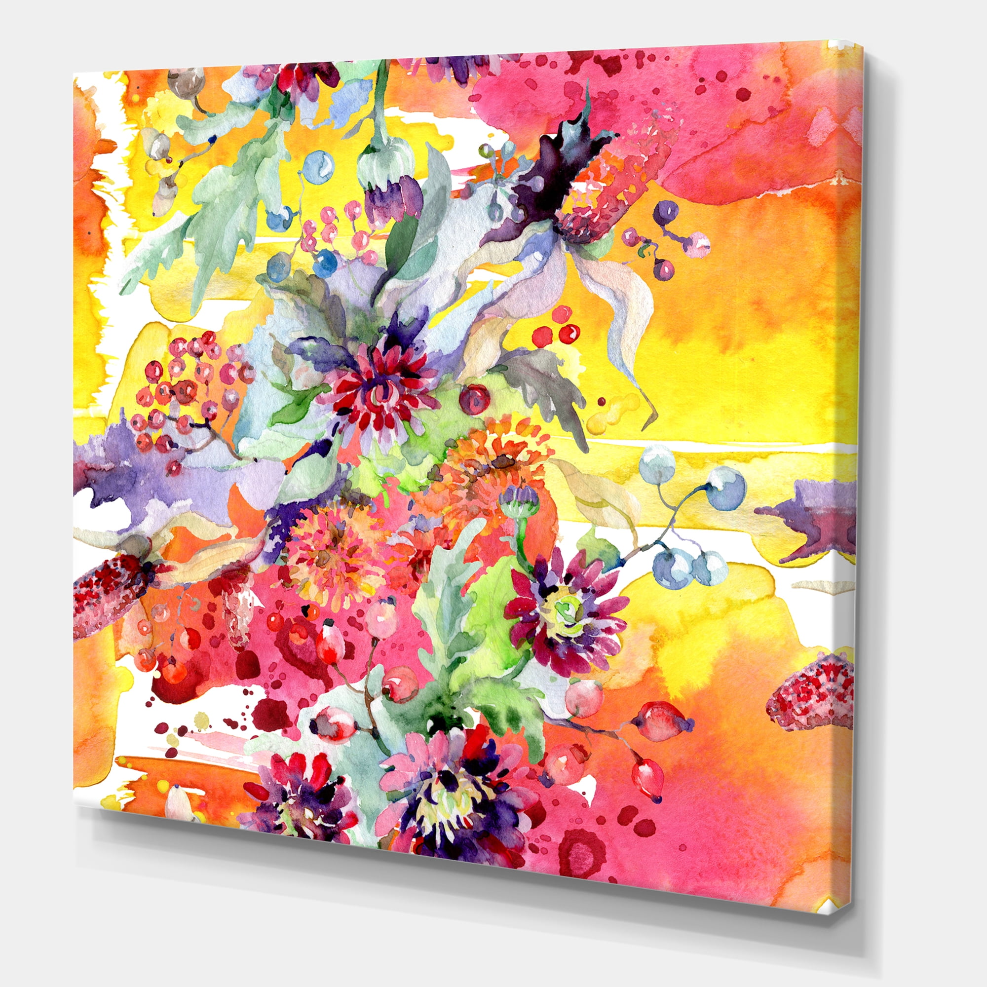Designart ' Wildflowers and Vibrant Wild Spring Leaves ' Modern Canvas Wall Art Print