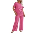 thumbnail image 3 of Womens Ribbed Knit Lounge Set Short Sleeve V Neck Top & Drawstring Wide Leg Long Pants Soft Stretchy Sleepwear Pajama Set Casual Travel Tracksuits for Daily Workout Maternity Use, 3 of 3