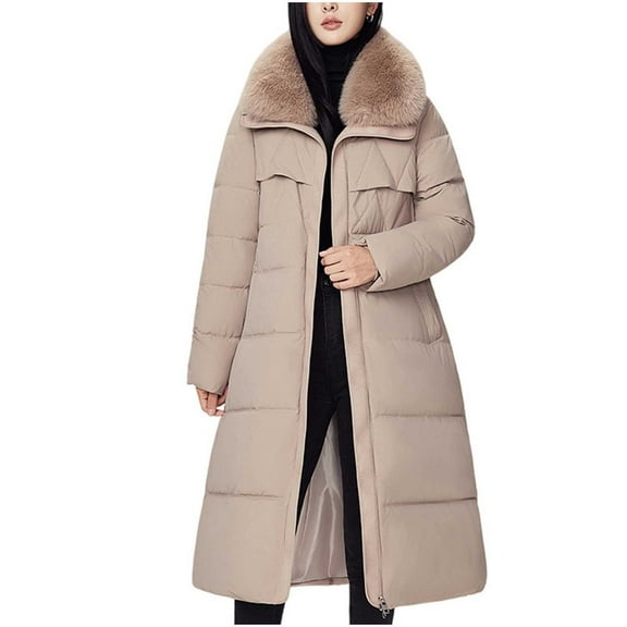 Rutainlusire Womens Trendy Warm Hoodless Puffer Parka Jackets Women's Winter Down Jacket Long Over The Knee Collar Waist Cinched Coat Jacket