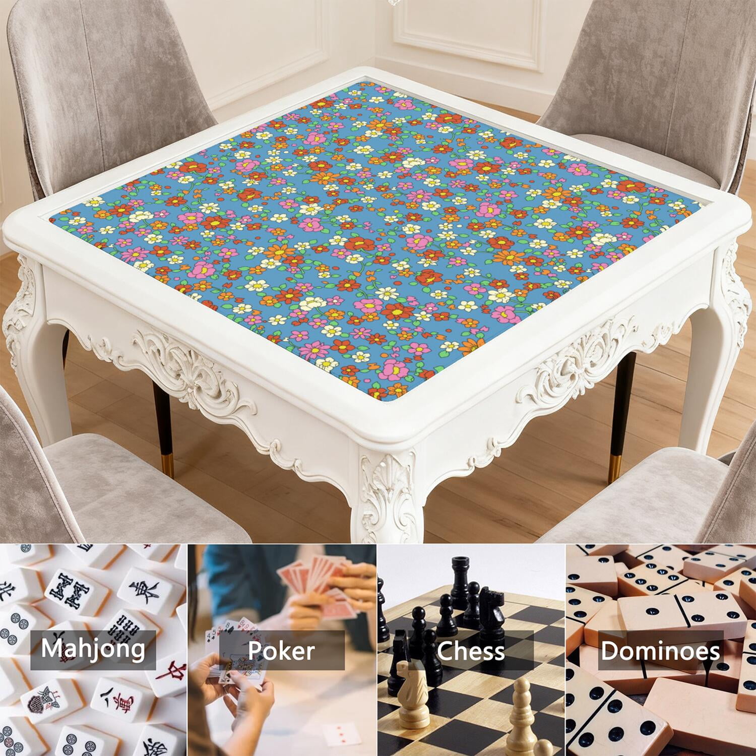 Large Square Floral Rubber Mat for Mahjong 31.5 Inch Game Table Pad Anti-Skid Base Soft Surface Reduces Noise for Tile Games and Game Nights