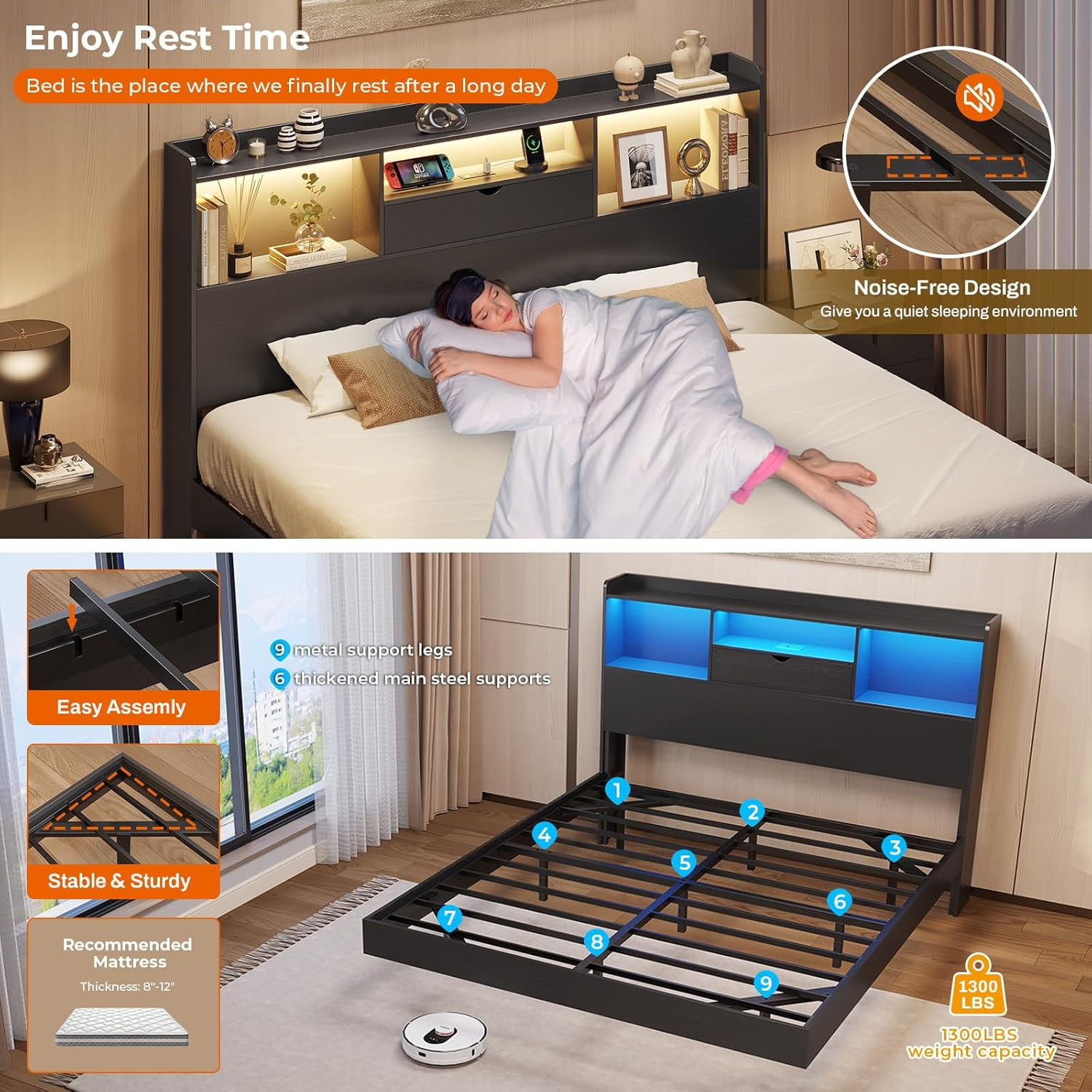 Aunfebrco Floating Bed Frame Queen Size with Storage Headboard Queen Metal Platform Bed with LED Lights & Charging Station, No Box Spring Need, Black