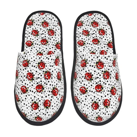 Balery Red Ladybugs On Black Dotted Slient Indoor Furry Fleece Comfort House Shoes Soft Non-Slip Home Shoes Cotton slippers House Slippers-- Large