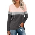 thumbnail image 2 of Spring Tops For Women Summer Color Block V Neck Long Sleeve Loose Casual Fashion Shirts Pullover Tshirts Outwear,Pink,XXXL, 2 of 5