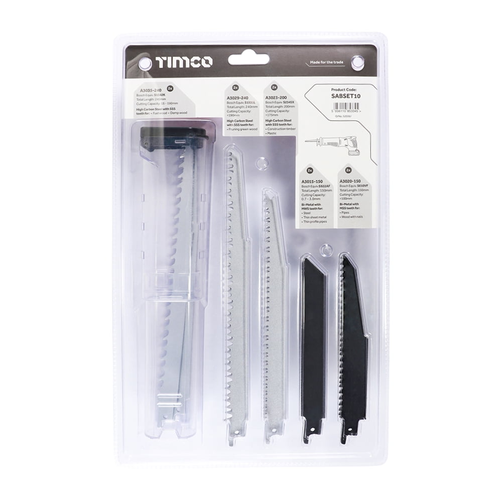 Timco - Reciprocating Saw Blade Mixed Set - Wood & Metal Cutting - High Carbon Steel & Bi-Metal (Size Mixed - 10 Pieces)