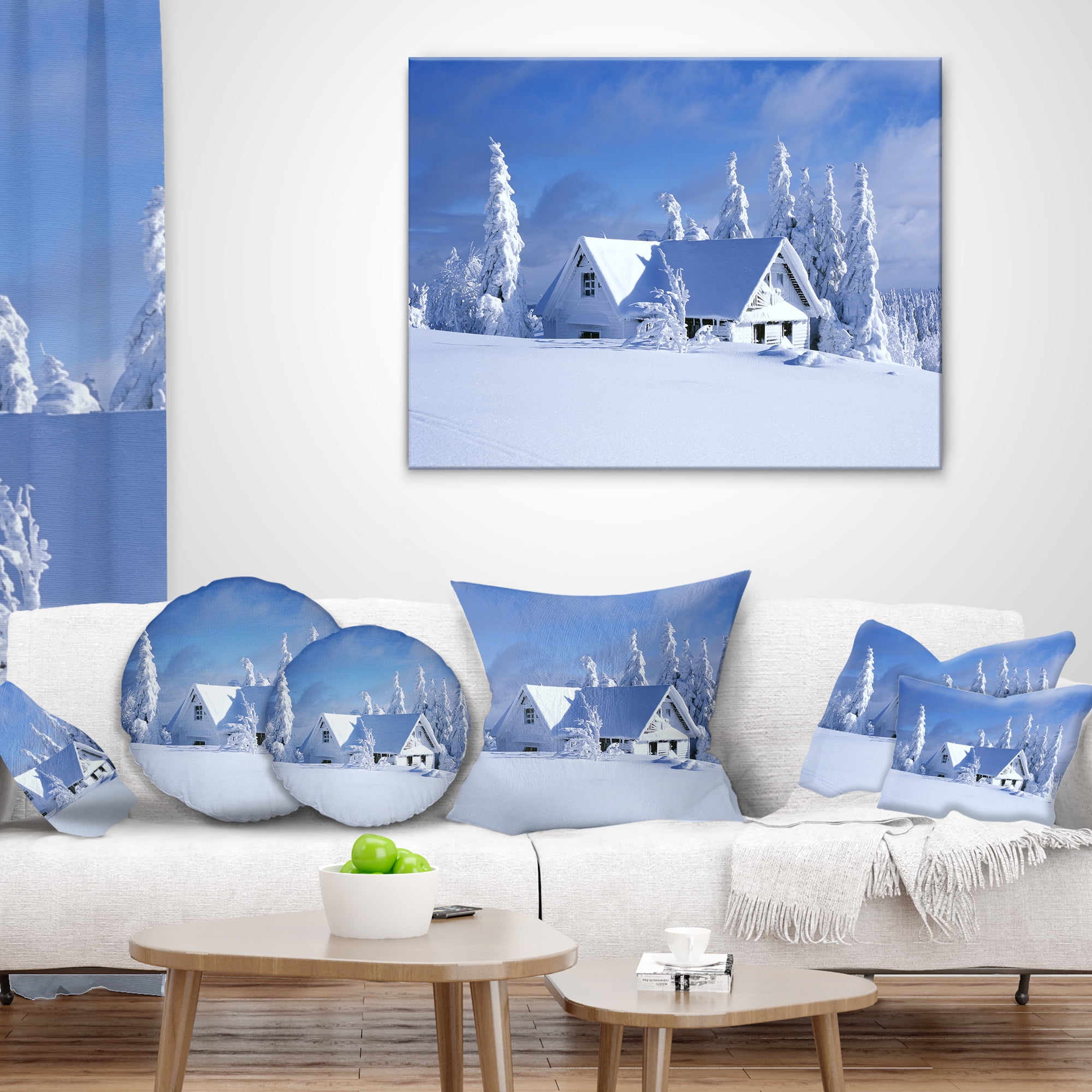 Designart Orlicke Hory Cottage in Winter - Landscape Photography Throw Pillow - 18x18