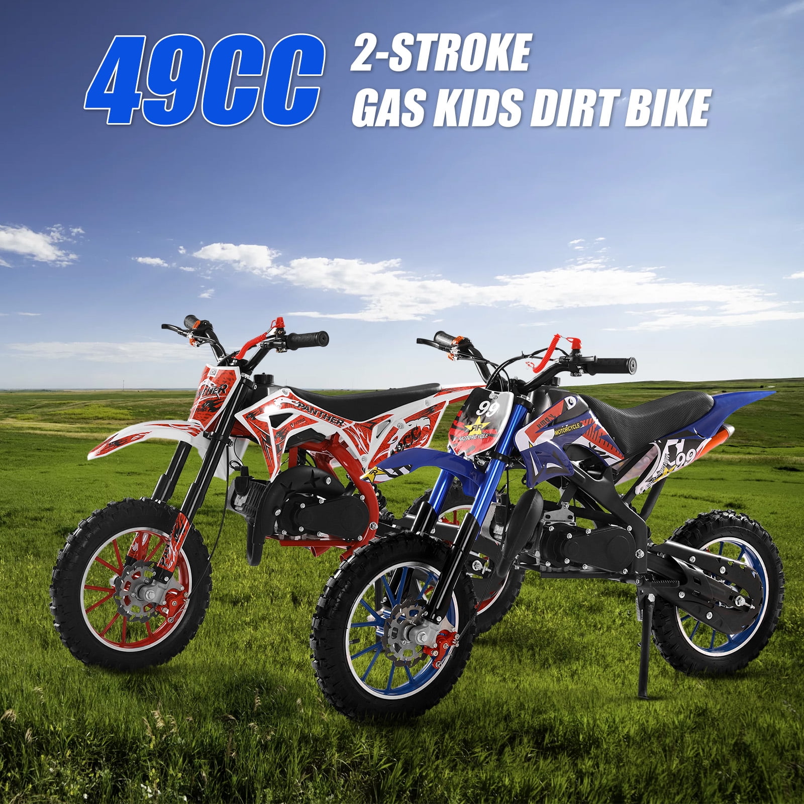 49cc 2-Stroke Kids Dirt Bike - 40KM/H Gas Powered Off-Road Motorcycle with Front/Rear Disc Brakes (Red)