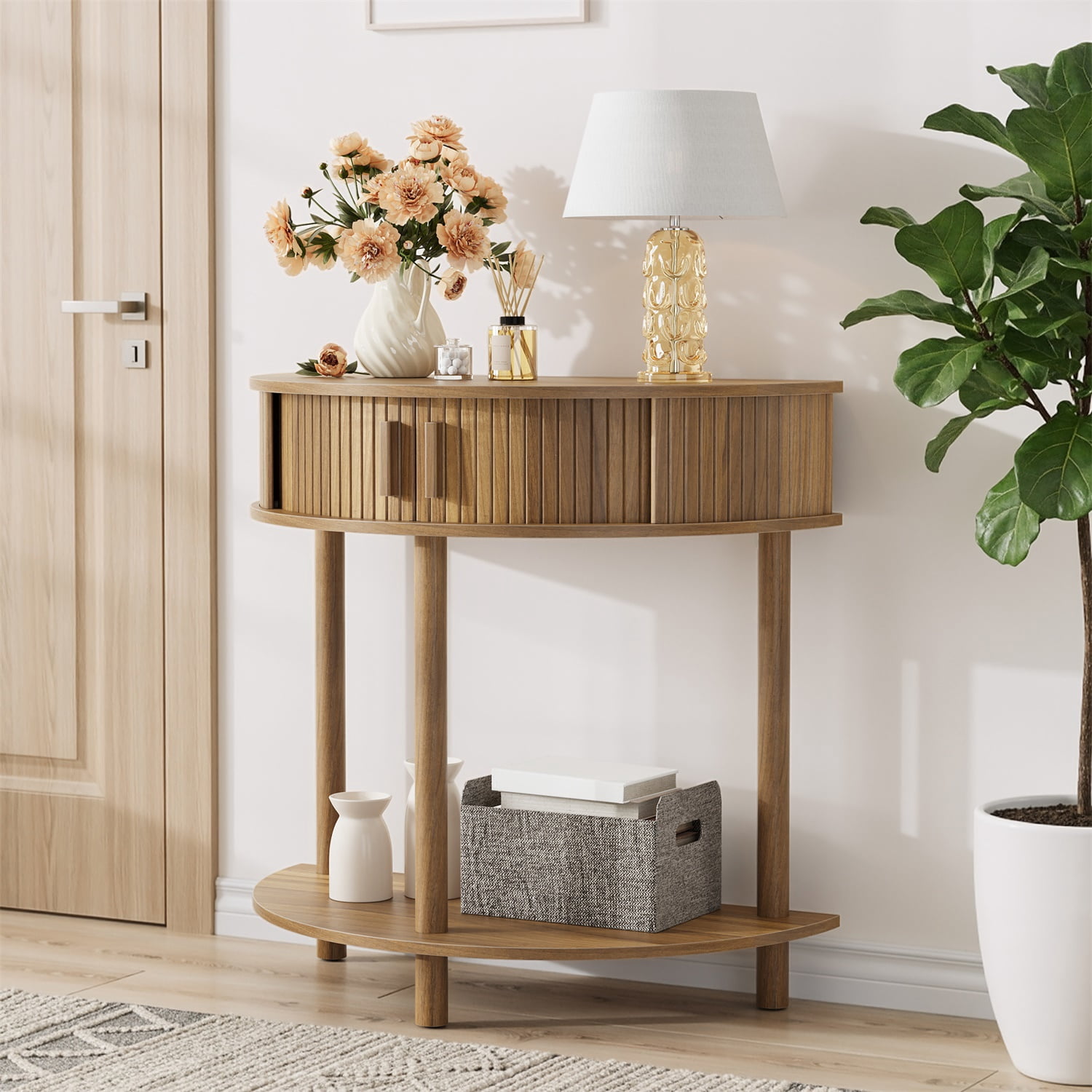 Hommoo Farmhouse 31.5" Grooved Half-Moon Console Table, Modern Entryway Table Sofa Table for Hallway, Entryway Walnut