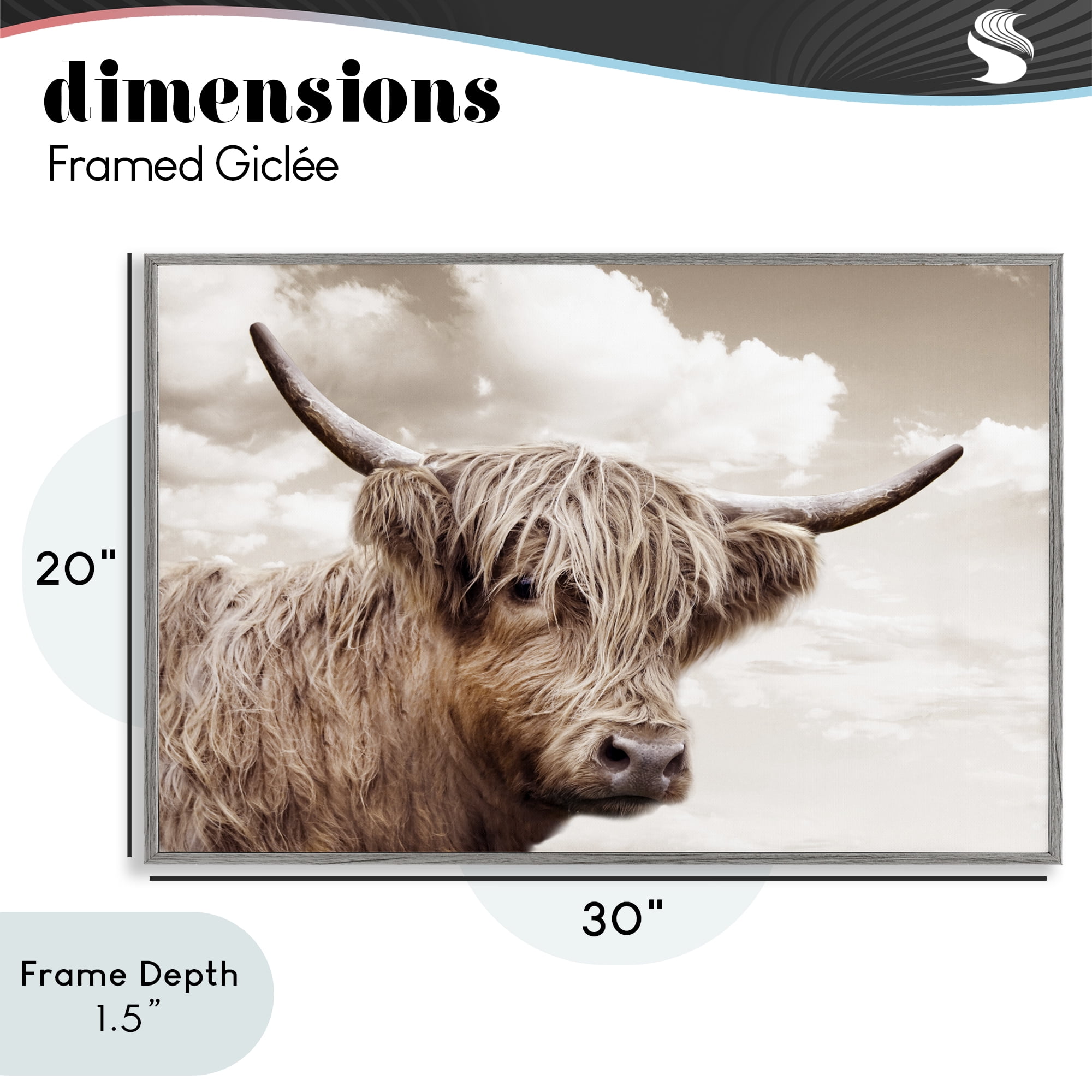 Stupell Industries Shaggy Highland Cow & Clouds Gray Framed Giclee Art, design by CAD Designs