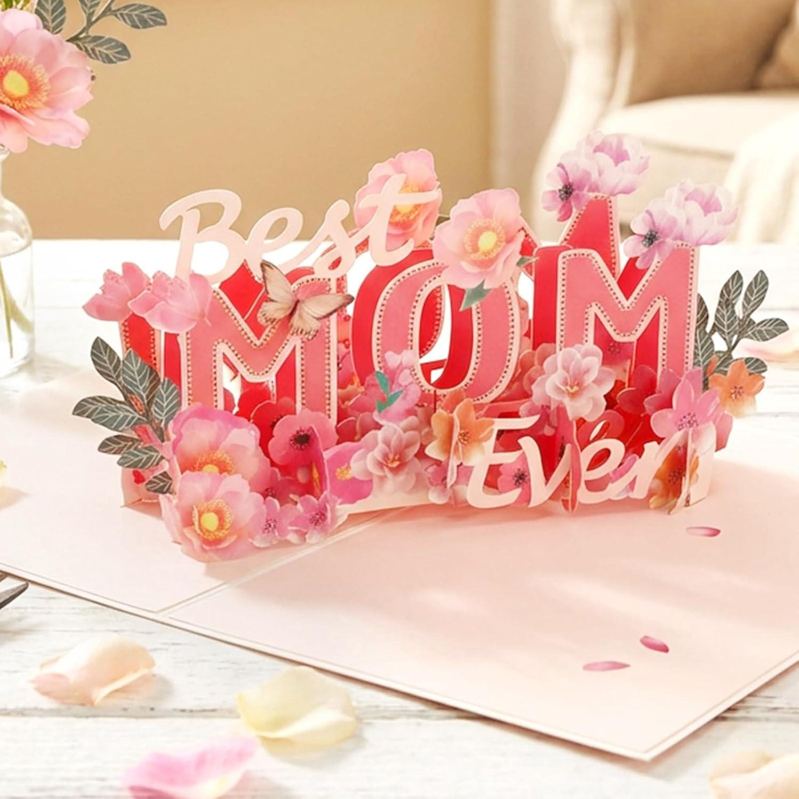 3D Pop Up Mother's Day Card, "Best Mom Ever" Floral Greeting Card with Matching Envelope, I Love You Mom Pop Up Card for Mother's Day, Happy Birthday & Appreciation Mother's Day Card 1Pcs